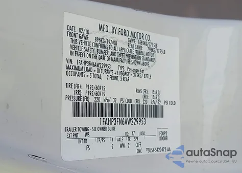 2010 Ford Focus Se z USA, uszkodzony, nr VIN 1FAHP3FN6AW229953